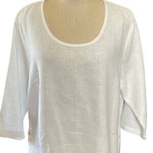 FLAX 100% Linen White Size Large Pullover Blouse with Side Button Lagen Look
